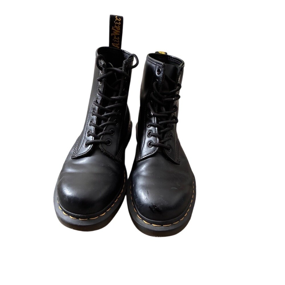 Dr. Martens Black Leather Lace-Up Boots with Yellow Stitching